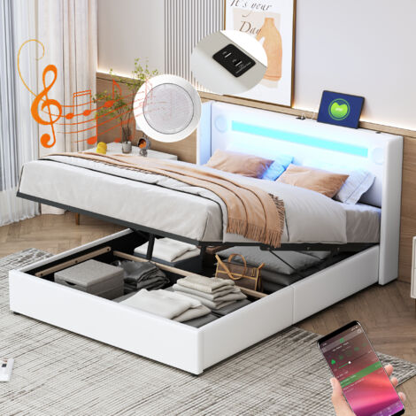 Letti contenitori per adulti, lettire Bluetooth, USB, LED, PU, senza materasso, bianco, 140x200 cm