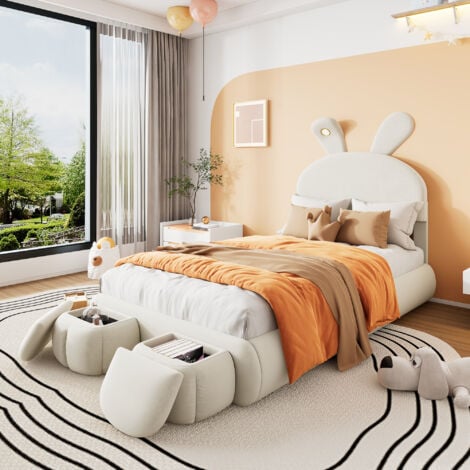 MODFU Letti contenitori singoli per bambini 90x200cm con 2 sgabelli contenitore, testiera a forma di coniglio, idraulico, LED, velluto, senza materasso, beige