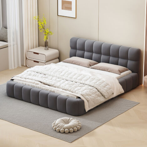 Letti per adulti matrimoniale imbottito 140x190 cm, letto per bambini e ragazzi, schienale morbido, lino, grigio, senza materasso