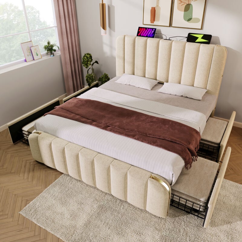 Letti per adulti matrimoniale imbottito, 4 cassetti, USB Type-C, beige, lino, 160x200cm, portata 200kg, senza materasso