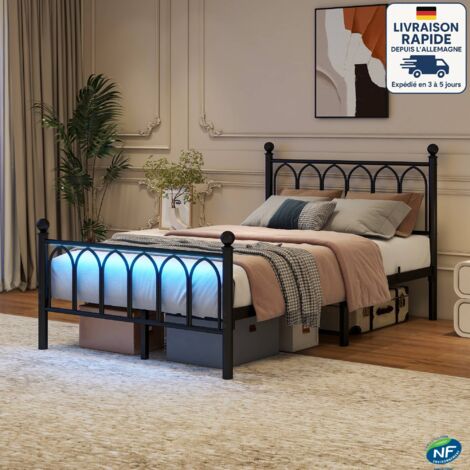Letti singoli 120x200 cm, letto per bambini con scrivania, LED, senza materasso, metallo, nero