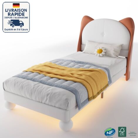 Letti singoli 90x200 cm, letti per bambini, a forma di orecchie di gatto, LED, velluto, senza materasso, beige + giallo marrone
