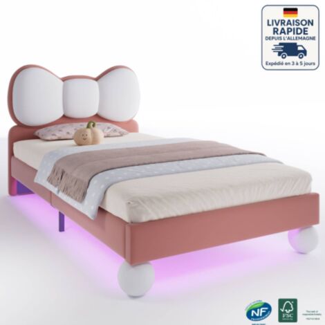 Letti singoli 90x200 cm, letti per bambini, testiera a forma di fiocco, LED, velluto, senza materasso, rosa + bianco