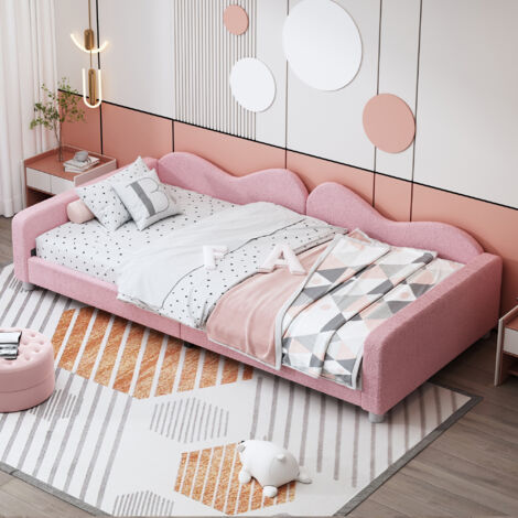 Letti singoli 90x200cm, divano letti per bambini, rete a doghe, tessuto teddy, senza materasso, rosa