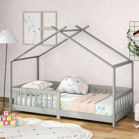 Letti singoli 90x200cm letti per bambini, letti a casetta con recinto, rete a doghe, legno, senza materasso, grigio