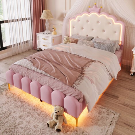 Letti singolo 140x200cm Letti per bambini, LED con telecomando, testiera con modanatura a corona, rete a doghe, PU, ​​senza materasso, rosa
