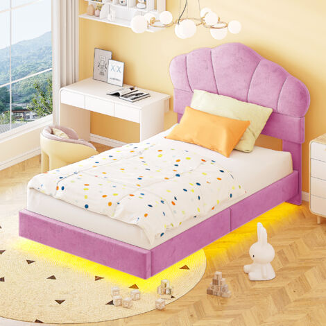 Letti singolo 90x200cm letti per bambini, testiera a forma di nuvola, con LED, velluto, senza materasso, rosa