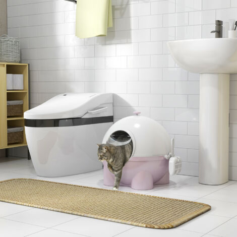 Lettiera per Gatti Chiusa 4kg Max con Paletta, Toilette per Gatti con Coperchio in PP e PC, 53x51x48 cm, Bianca e Rosa