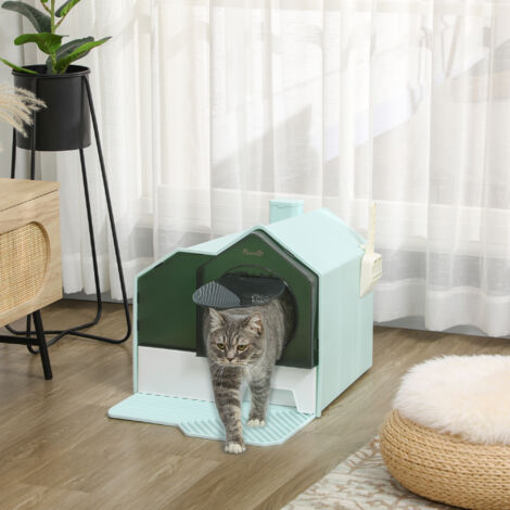 Lettiera per Gatti Chiusa con Coperchio e Vassoio Estraibile, Toilette per Gatti con Tappetino e Paletta Inclusi, 47x45x42cm, Azzurra