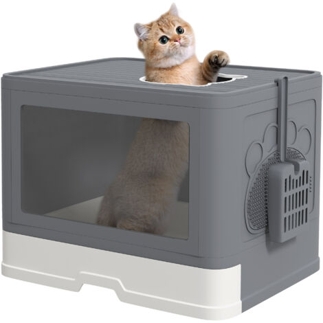 Lettiera per gatti chiusa con coperchio, ingresso frontale, uscita superiore, cassetto, vassoio, paletta, spazzola, 48,5 x 38 x 36,5 cm - Grigio