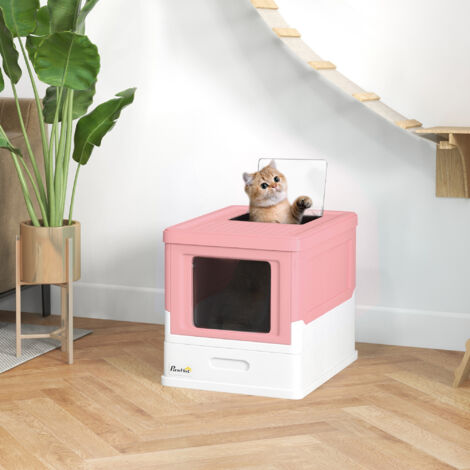 Lettiera per Gatti Chiusa in PP con Paletta Inclusa, Design Pieghevole, Cassetta Igienica per Gatto con Vassoio Estraibile e 2 Porte, 47.5x35.5x36.7 cm, Rosa e Bianco