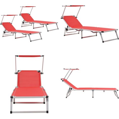 Lettini Pieghevoli con Tettuccio 2 pz Alluminio Textilene Rossi - Lettino da giardino - Lettino da spiaggia