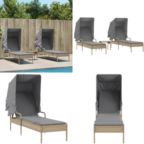 Lettini Prendisole 2 pz con Baldacchino e Tavolino Polyrattan - Tavolino da tè esterno - Lettino da giardino
