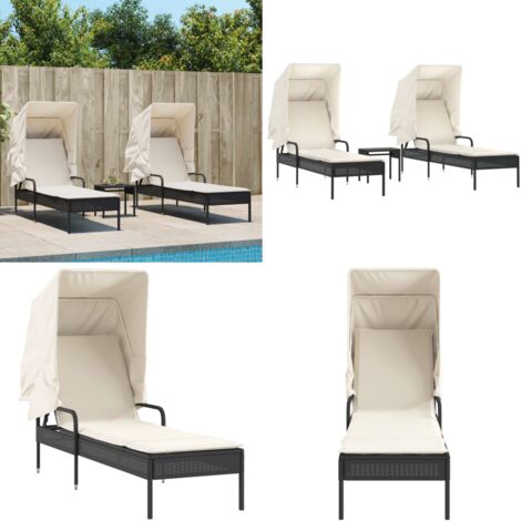 Lettini Prendisole 2 pz con Baldacchino e Tavolino Polyrattan - Tavolino da tè esterno - Lettino da giardino