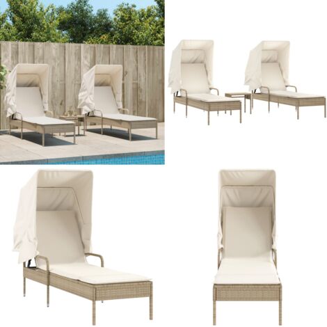 Lettini Prendisole 2 pz con Baldacchino e Tavolino Polyrattan - Tavolino da tè esterno - Lettino da giardino