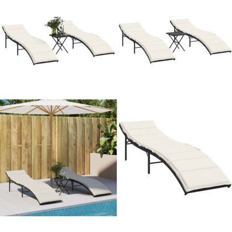 Lettini Prendisole 2 pz con Tavolino Nero in Polyrattan - Tavolino da tè - Rattan PE