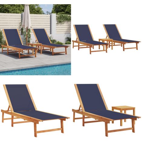 Lettini Prendisole 2 pz con Tavolo Blu Legno Acacia e Textilene - Tavolino da giardino - Lettino da piscina