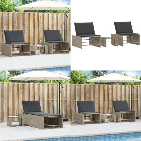 Lettini prendisole 2 pz con tavolo grigio chiaro in polyrattan - Tavolo esterno - Seduta esterna