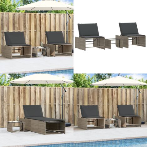 Lettini prendisole 2 pz con tavolo grigio in polyrattan - Tavolo da esterno - Seduta esterna