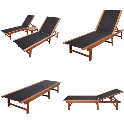 Lettini Prendisole 2 pz con Tavolo in Massello Acacia Textilene - Tavolo da giardino - Lettini in legno