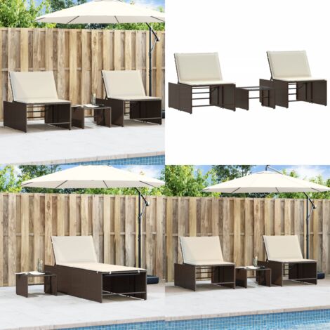 Lettini prendisole 2 pz con tavolo marrone in polyrattan - Tavolo da esterno - Seduta esterna