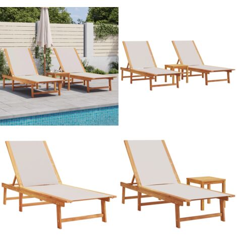 Lettini Prendisole 2 pz e Tavolo Grigio Legno Acacia/Textilene - Tavolino da giardino - Lettino da piscina