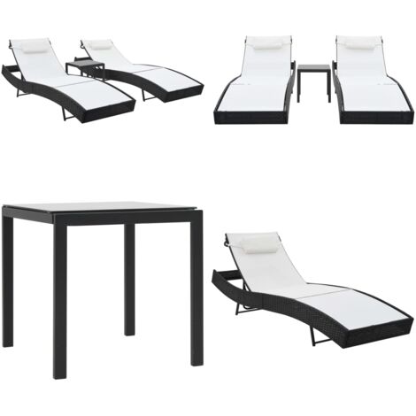 Lettini Prendisole 2 pz e Tavolo in Polyrattan e Textilene Nero - Tavolo da giardino - Polyrattan