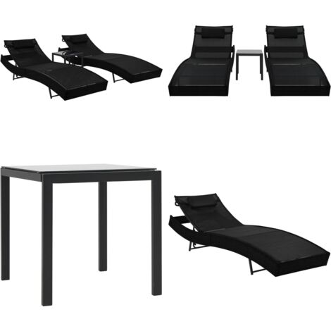 Lettini Prendisole 2 pz e Tavolo in Polyrattan e Textilene Nero - Tavolo da giardino - Polyrattan