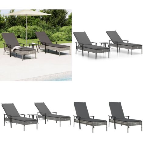 Lettini Prendisole 2pz con Tavolino e Cuscini Polyrattan Grigio - Tavolo da esterno - Cuscino da sdraio