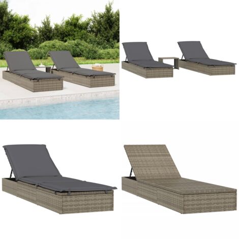 Lettini Prendisole 2pz con Tavolino Grigio in Polyrattan - Tavolino da esterno - Lettino da piscina