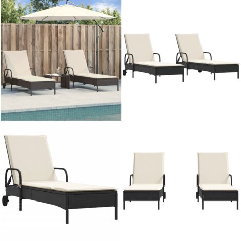 Lettini Prendisole con Cuscini 2 pz Neri in Polyrattan - Lettino da giardino - Cuscino per lettino