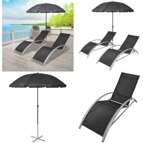 Lettini Prendisole con Ombrellone in Alluminio Nero - Ombrellone in alluminio - Sedie a sdraio
