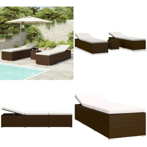 Lettini Prendisole con Tavolino 3 pz in Polyrattan Marrone - Tavolino da salotto - Rattan PE