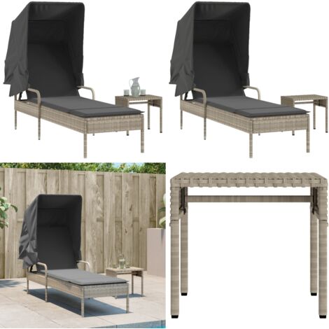 Lettino con Baldacchino e Tavolino Grigio Chiaro in Polyrattan - Lettino con baldacchino - Tavolino da tè