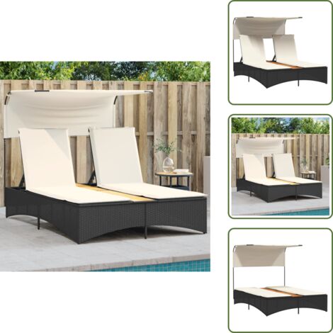 Lettino con baldacchino - vidaXL Lettino Prendisole Doppio Baldacchino e Cuscini Nero Polyrattan - Seduta esterna