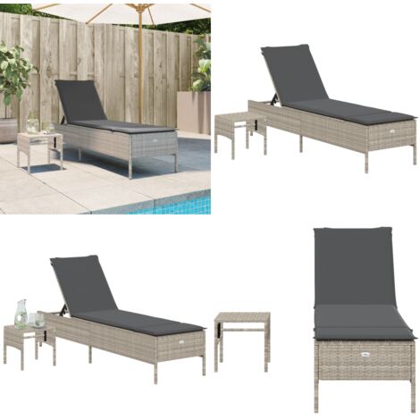 Lettino con Tavolo e Cuscino Grigio Chiaro in Polyrattan - Tavolino da giardino - Cuscino da giardino