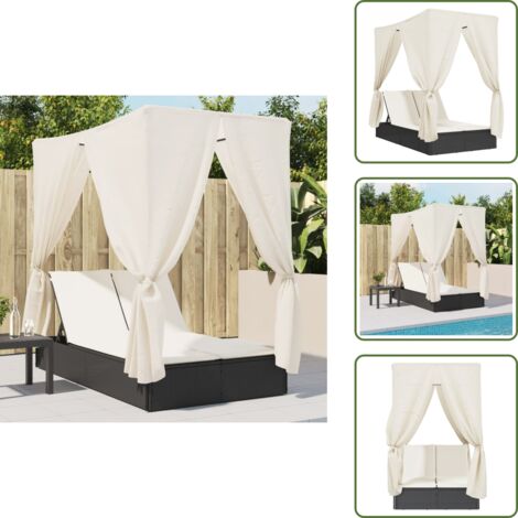 Lettino con tende - vidaXL Lettino Prendisole con Tetto e Tende Nero in Polyrattan - Lettino doppio