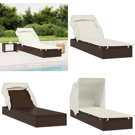 Lettino con Tetto Pieghevole Marrone 213x63x97 cm Polyrattan - Lettino da giardino - Lettino da piscina