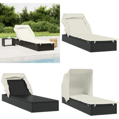 Lettino con Tetto Pieghevole Nero 213x63x97 cm Polyrattan - Lettino da giardino - Lettino da piscina