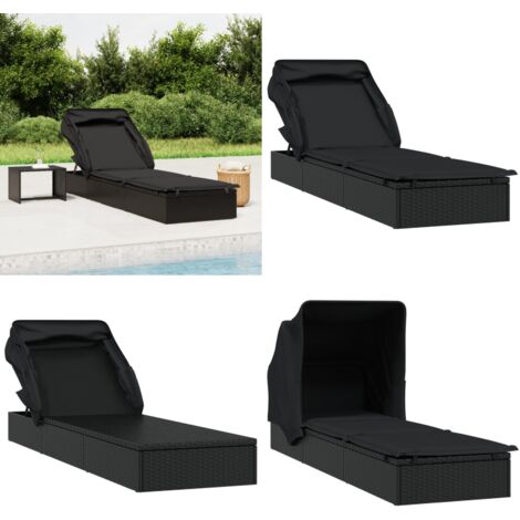 Lettino con Tetto Pieghevole Nero 213x63x97 cm Polyrattan - Lettino esterno - Lettino da piscina
