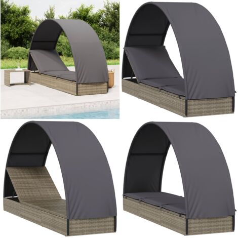 Lettino con Tetto Rotondo Grigio 211x57x140 cm Polyrattan - Lettino da esterno - Lettino per piscina