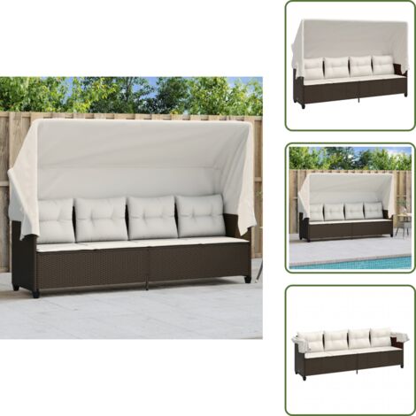 Lettino da esterno - vidaXL Lettino Prendisole con Baldacchino e Cuscini Marrone Polyrattan - Lettino con baldacchino