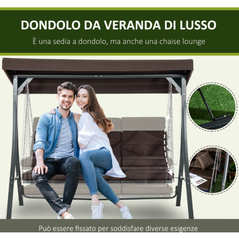 Lettino da giardino a 3 posti con tettuccio regolabile e 3 cuscini, lettino da esterno con seduta traspirante in Texteline e metallo, portata massima 270 kg, 198x118x168 cm, marrone