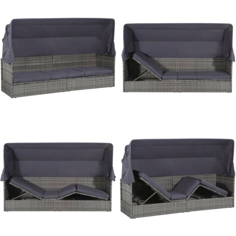 Lettino da Giardino con Tettuccio Grigio 205x62 cm Polyrattan - Lettino con tettuccio - Polyrattan impermeabile