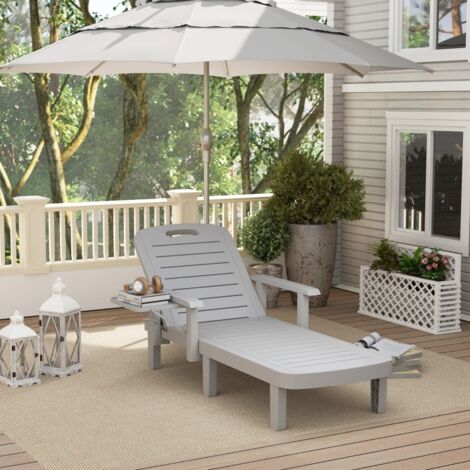 Lettino da giardino in plastica polipropilene grigio chiaro 79x158x88 cm con schienale regolabile a 5 posizioni e tavolino