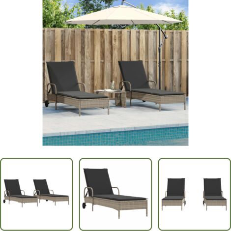 Lettino da giardino -  Lettino Prendisole 2 pz con Cuscini Grigio Chiaro in Polyrattan