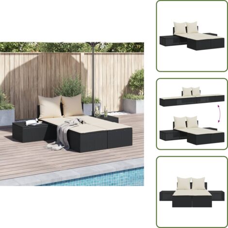 Lettino da giardino - vidaXL Lettino Prendisole Doppio con Cuscini Nero in Polyrattan - Cuscino sfoderabile