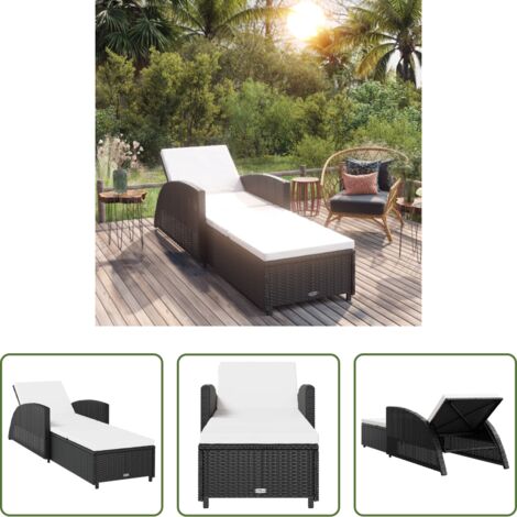 Lettino da patio -  Lettino Prendisole con Cuscino Bianco Crema in Polyrattan Nero