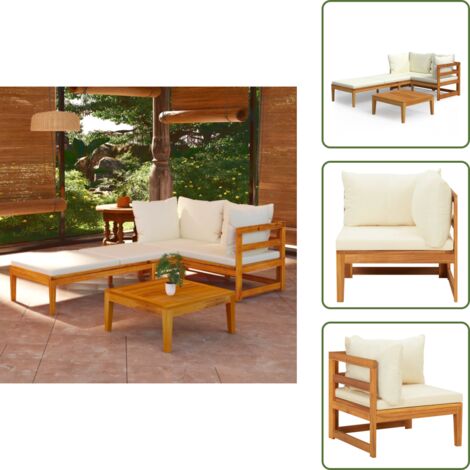 Lettino da sole - vidaXL Set Divani Giardino 3 pz Cuscini Bianco Crema in Legno d'Acacia - Mobili da esterno
