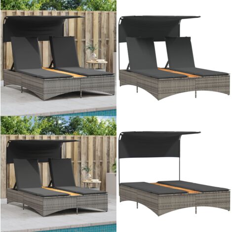 Lettino Doppio con Baldacchino e Cuscini Grigio in Polyrattan - Lettino doppio - Cuscini per seduta